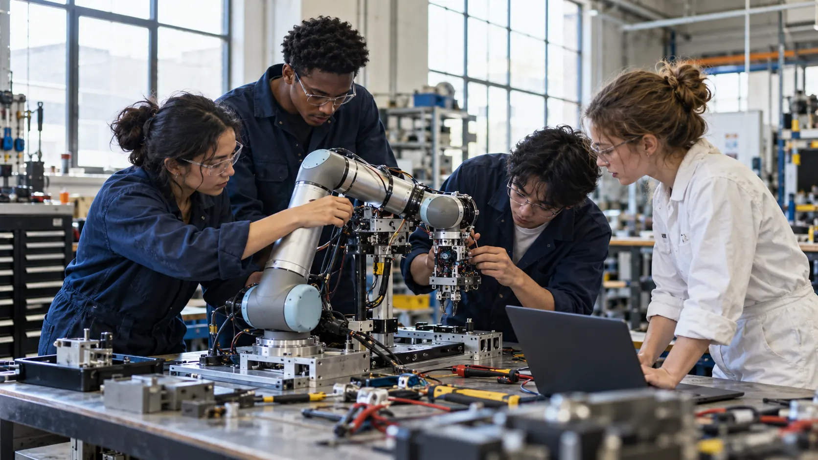 Concept photograph of builders working on a robotics prototype