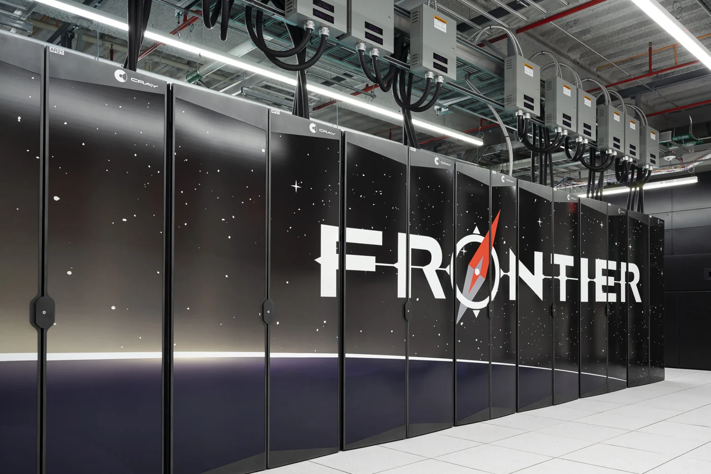 Frontier exascale supercomputer cabinets at Oak Ridge National Laboratory.