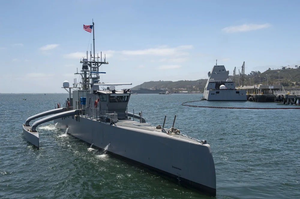 The Sea Hunter unmanned surface vessel departs Naval Base Point Loma in San Diego.