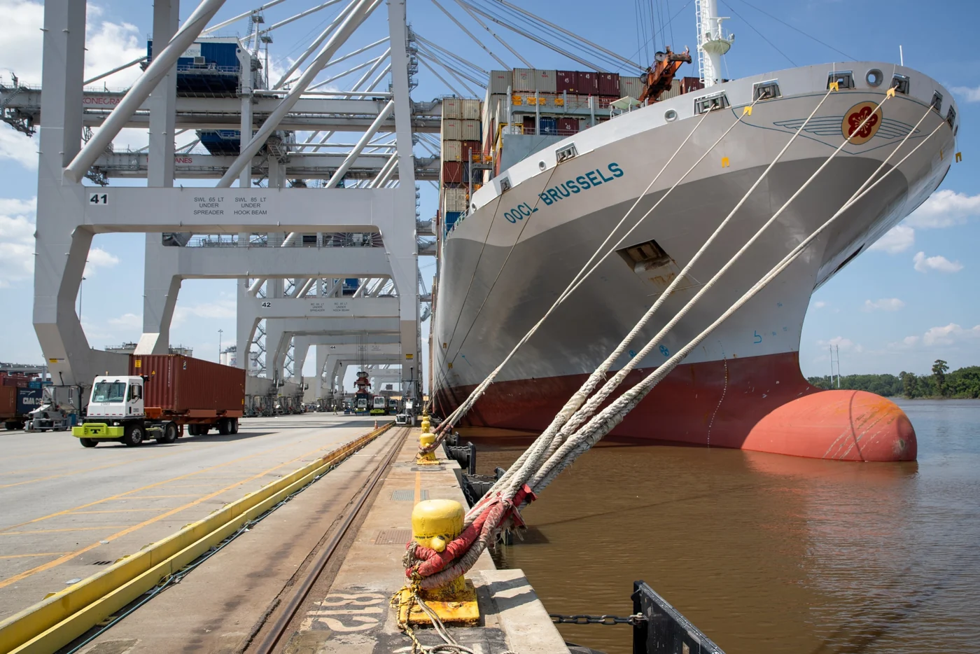 Container cargo operations and quay cranes at the Port of Savannah, Georgia.
