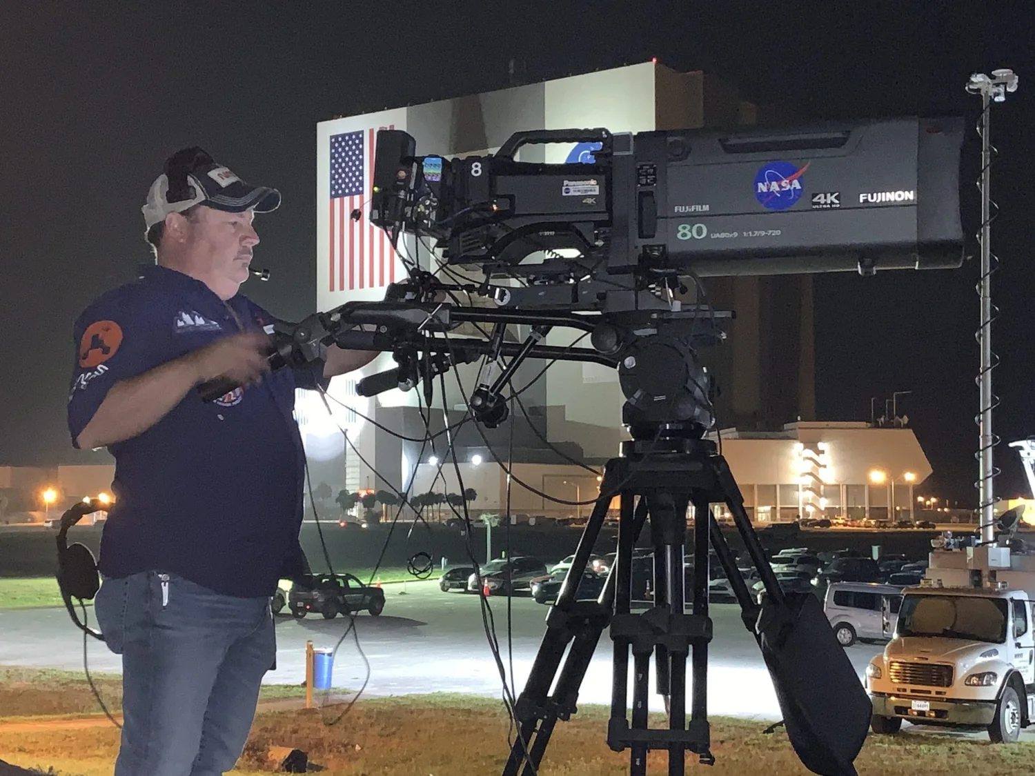 A KSCTV camera operator records a launch broadcast at NASA Kennedy Space Center in Florida.