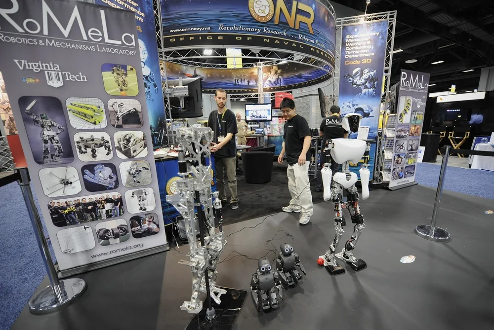 Virginia Tech researchers demonstrate autonomous robots at an Office of Naval Research exhibit in Washington, D.C., August 17, 2011.