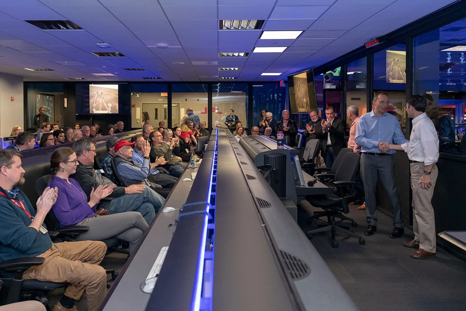 Opportunity mission scientists and engineers meet in Mission Control at NASA JPL in Pasadena, California, February 12, 2019.