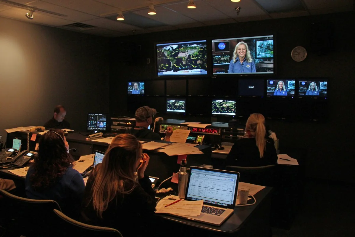 The television control room at NASA’s Goddard Space Flight Center during global precipitation live shots, April 1, 2015.
