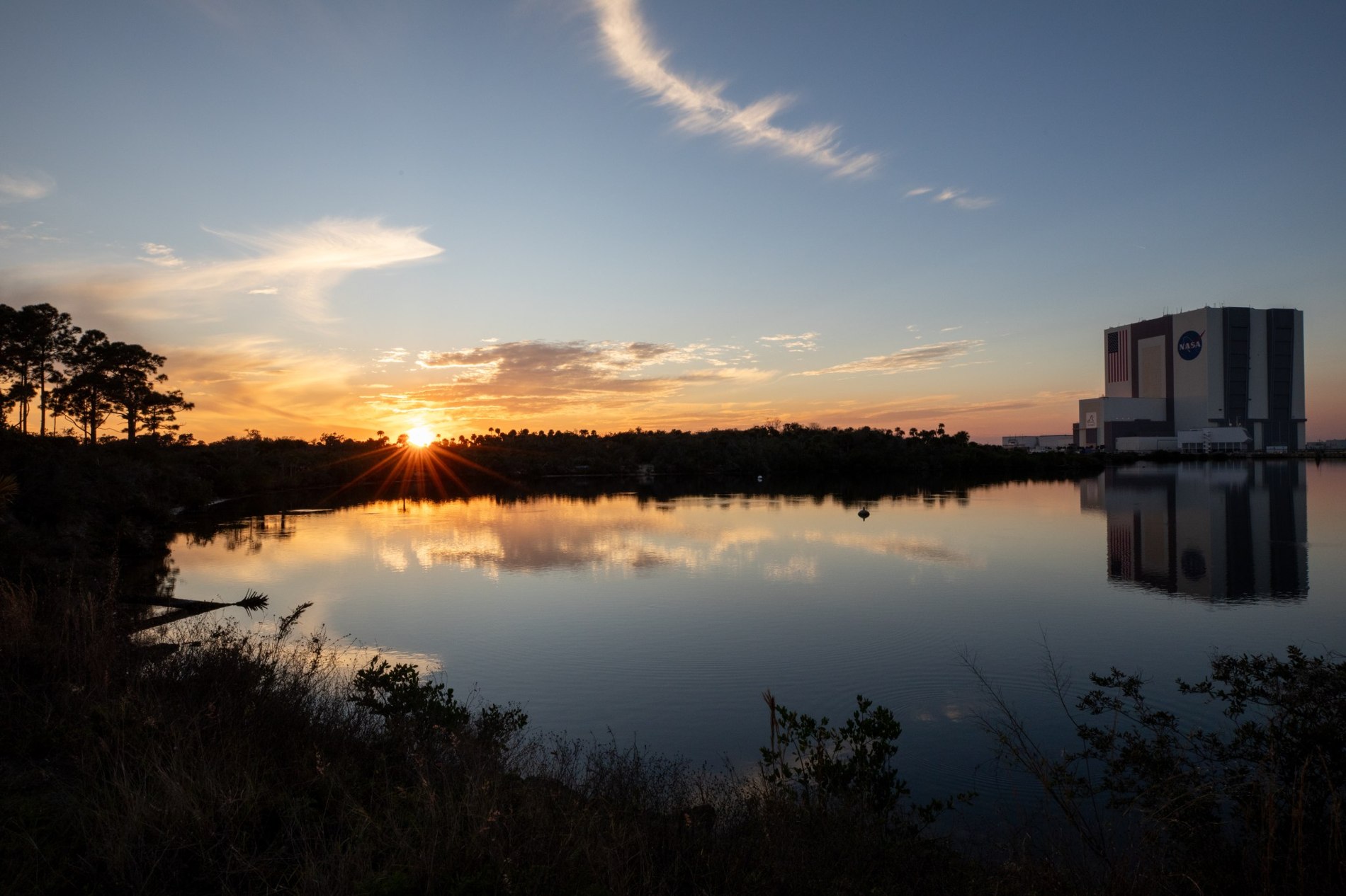 NASA Vehicle Assembly Building at sunset
